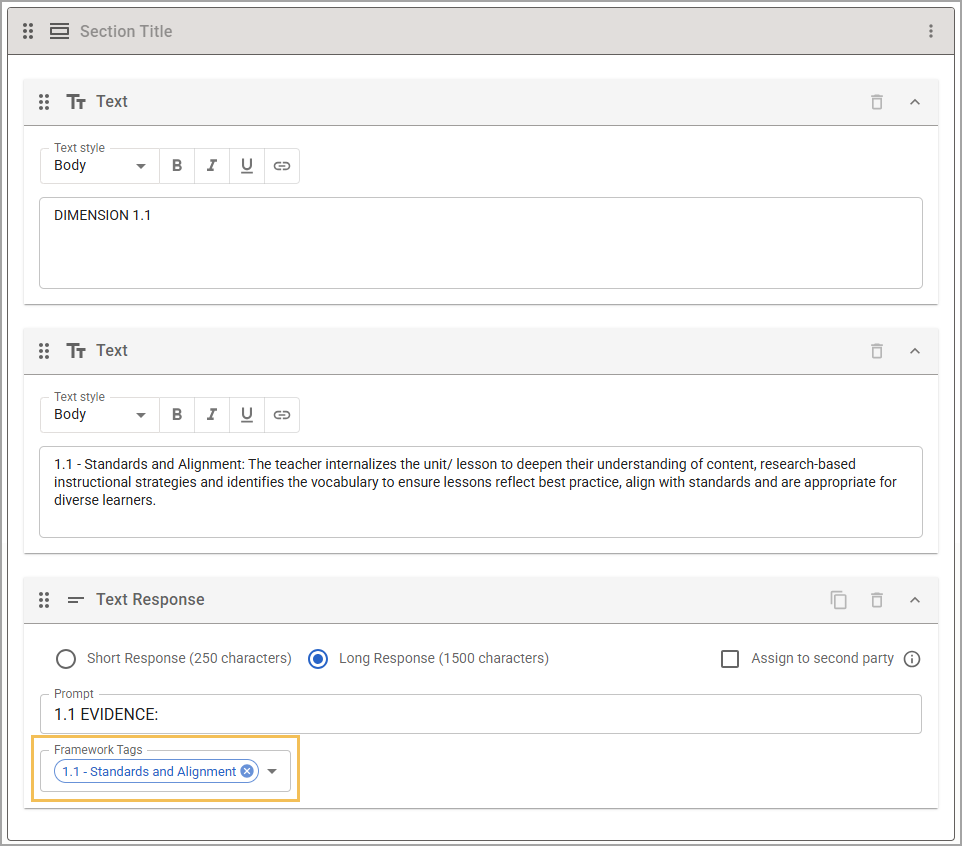 Framework tags on a text response item that correspond to the form's dimension.